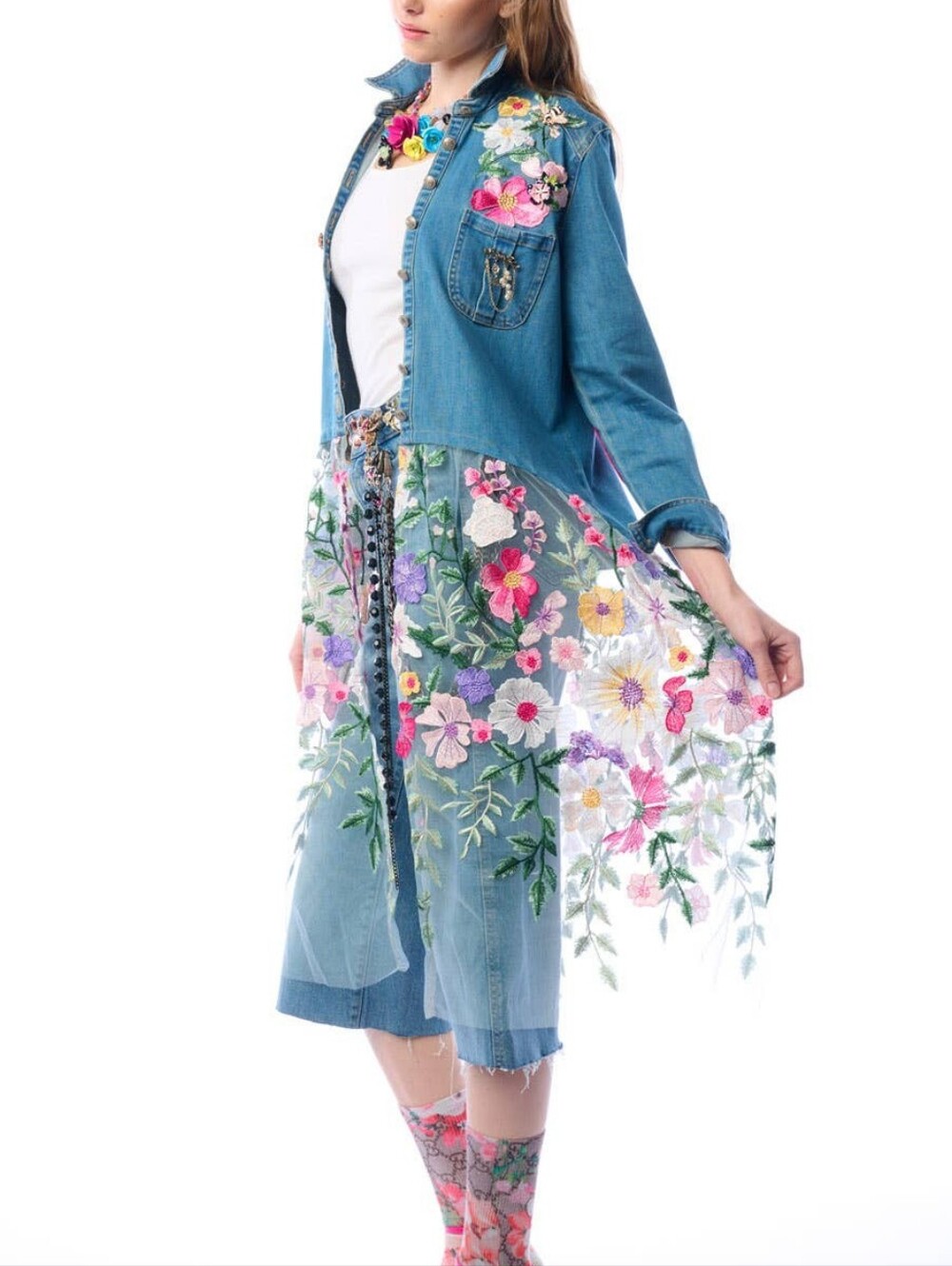 Aratta Celine Maxi Shirt Dress - Denim And Embroidery Florals - Picture 8 of 9